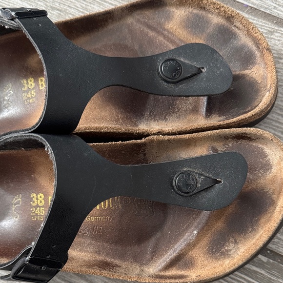 Birkenstock Gizeh Black Leather Thong Cork Buckle Sandals - Picture 4 of 7